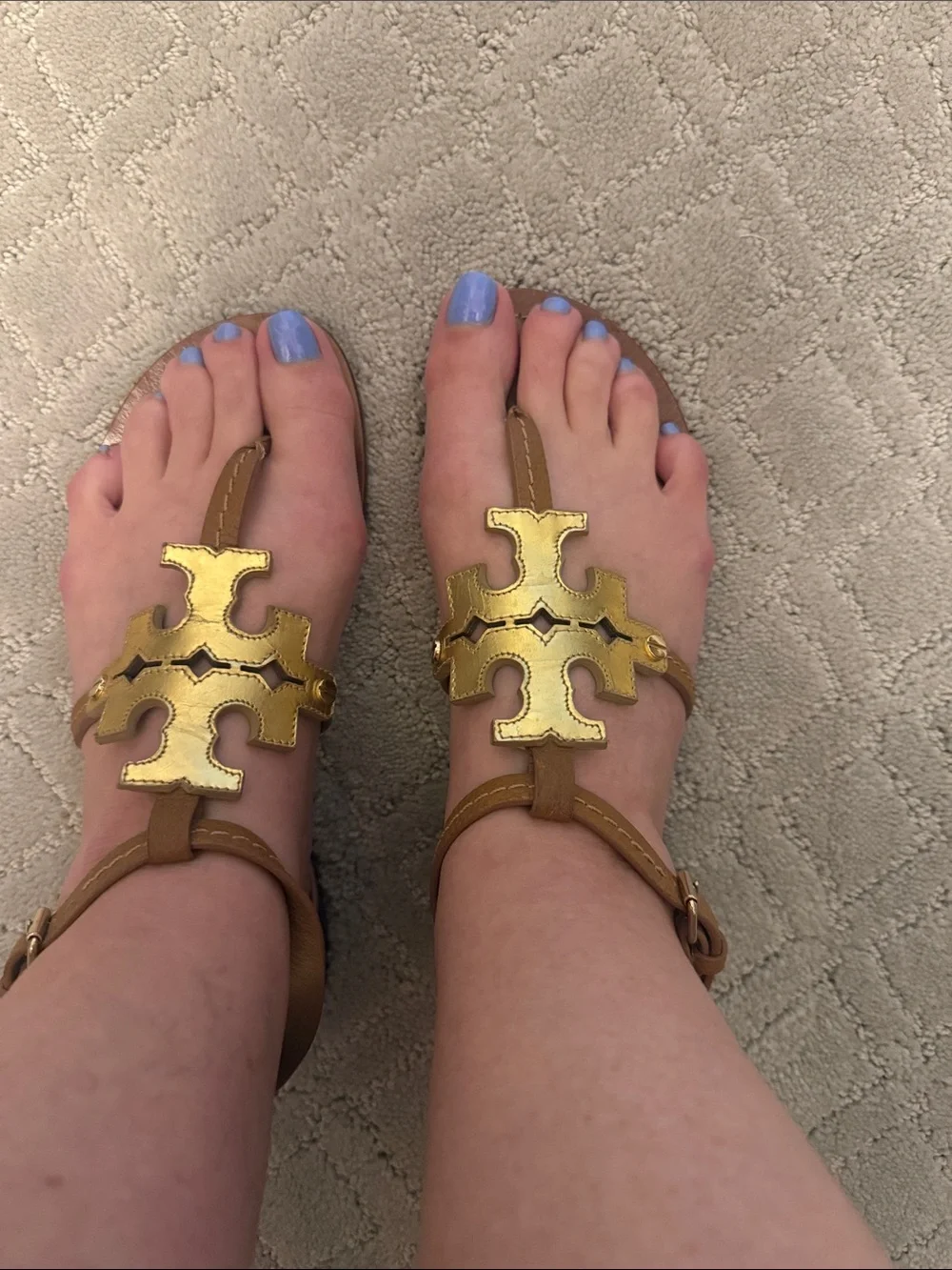 Tory Burch Gold Logo T-Strap Sandals with Tan Straps